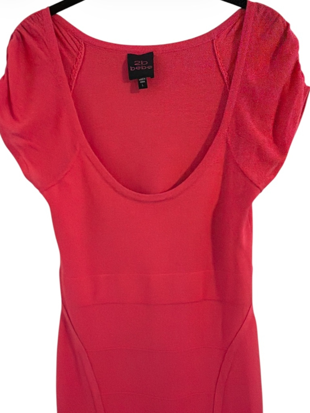 2b Bebe Pink Bandage Dress Cap Sleeve Ruched Bodycon Scoop Neck Mini Size L - Picture 3 of 9